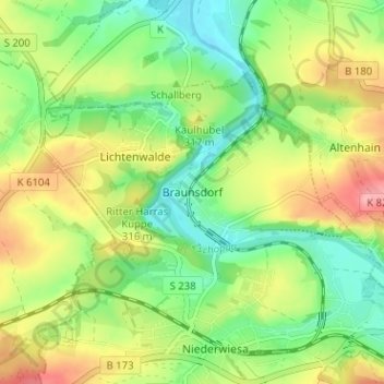 Mapa topográfico Braunsdorf, altitud, relieve