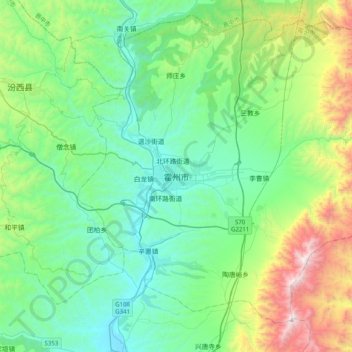Mapa topográfico 霍州市, altitud, relieve