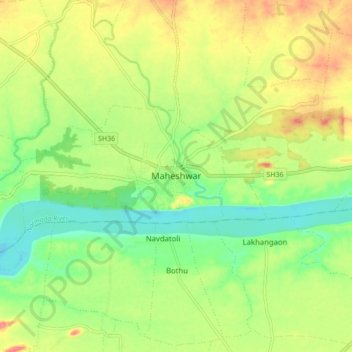 Mapa topográfico Maheshwar, altitud, relieve