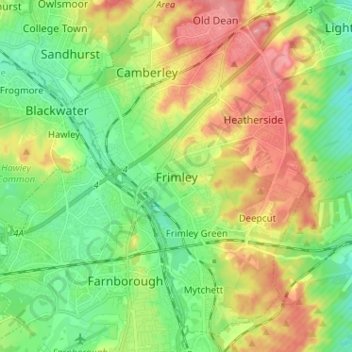 Mapa topográfico Frimley, altitud, relieve