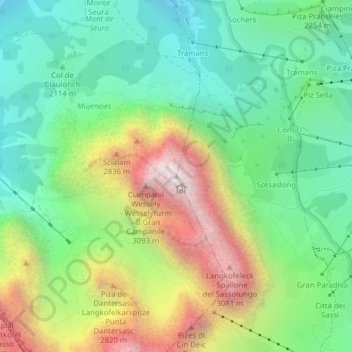Mapa topográfico Sassolungo, altitud, relieve