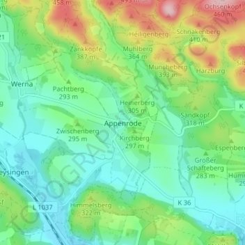 Mapa topográfico Appenrode, altitud, relieve