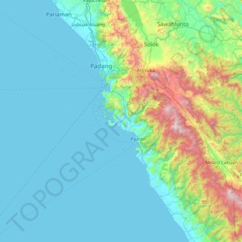 Mapa topográfico Koto XI Tarusan, altitud, relieve