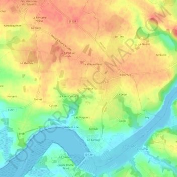 Mapa topográfico Kergour, altitud, relieve
