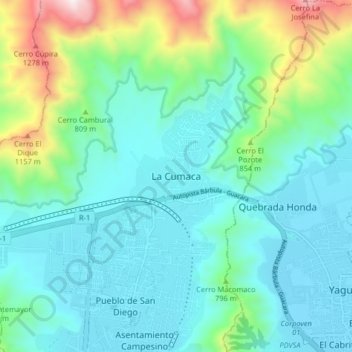 Mapa topográfico La Cumaca, altitud, relieve
