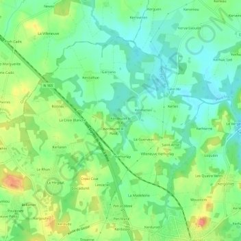 Mapa topográfico Kerdeuzet le Bas, altitud, relieve