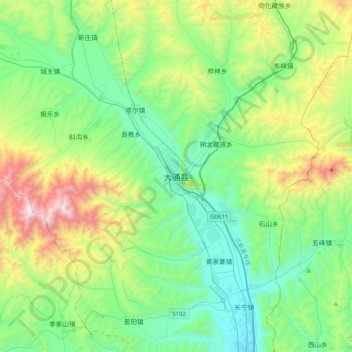 Mapa topográfico 大通县, altitud, relieve