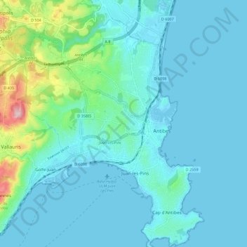 Mapa topográfico Antibes, altitud, relieve