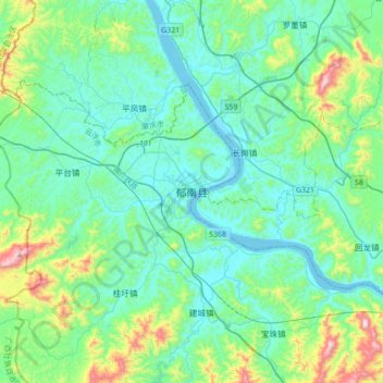Mapa topográfico 郁南县, altitud, relieve