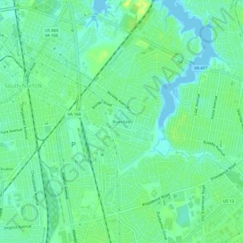 Mapa topográfico Riverdale, altitud, relieve