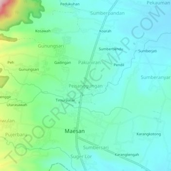 Mapa topográfico Penanggungan, altitud, relieve