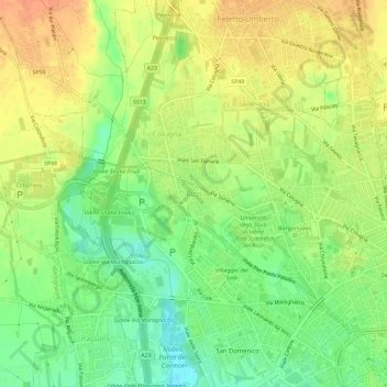 Mapa topográfico Rizzi, altitud, relieve