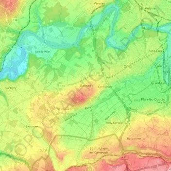 Mapa topográfico Bernex, altitud, relieve