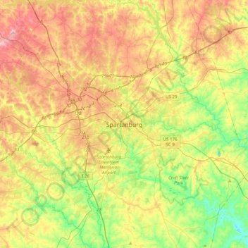 Mapa topográfico Spartanburg, altitud, relieve