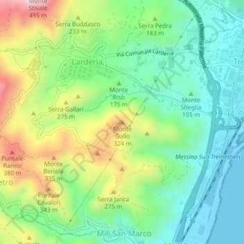 Mapa topográfico Monte Gallo, altitud, relieve