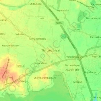 Mapa topográfico Thirumazhisai, altitud, relieve