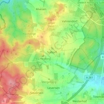 Mapa topográfico Sottorf, altitud, relieve