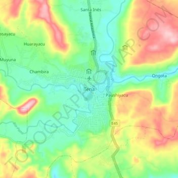 Mapa topográfico Tena, altitud, relieve