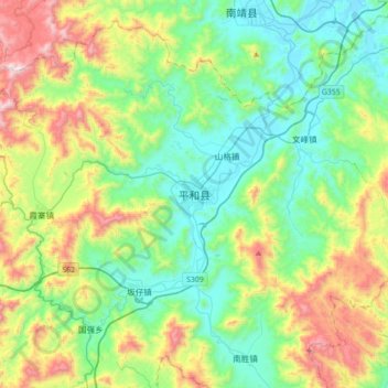 Mapa topográfico 平和县, altitud, relieve