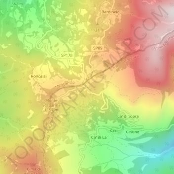 Mapa topográfico Scabiazza, altitud, relieve