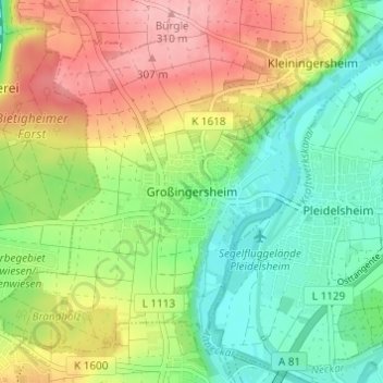Mapa topográfico Großingersheim, altitud, relieve