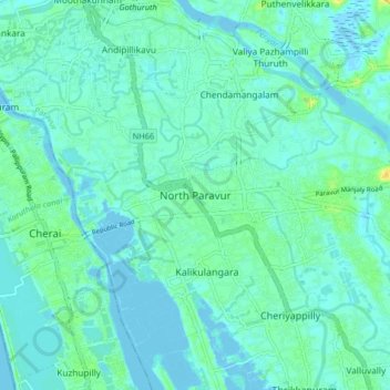 Mapa topográfico North Paravur, altitud, relieve