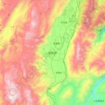Mapa topográfico 鹤庆县, altitud, relieve