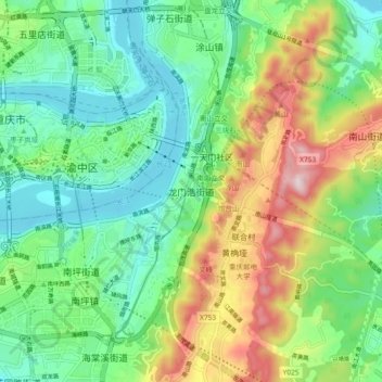 Mapa topográfico 龙门浩街道, altitud, relieve