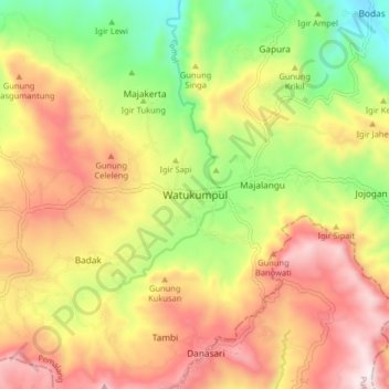 Mapa topográfico Watukumpul, altitud, relieve