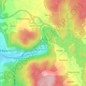 Mapa topográfico Fervenza de Segade, altitud, relieve