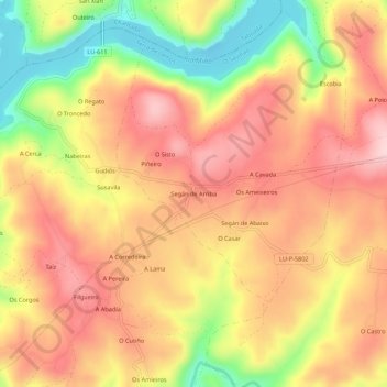 Mapa topográfico Segán de Arriba, altitud, relieve