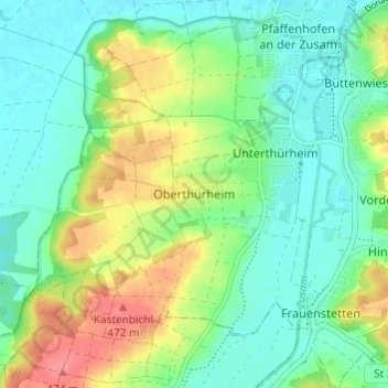 Mapa topográfico Oberthürheim, altitud, relieve