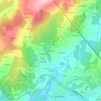 Mapa topográfico Mudelos, altitud, relieve
