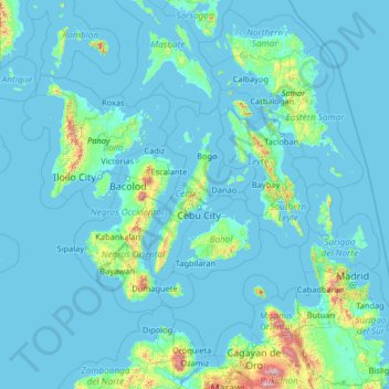 Mapa topográfico Cebu, altitud, relieve
