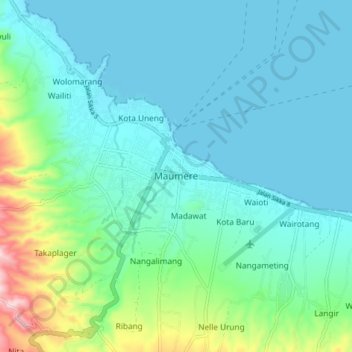 Mapa topográfico Maumere, altitud, relieve