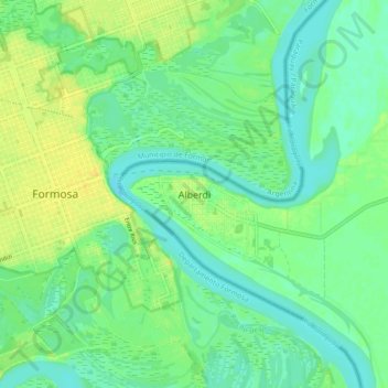 Mapa topográfico Alberdi, altitud, relieve