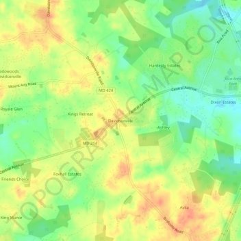 Mapa topográfico Davidsonville, altitud, relieve