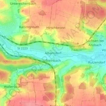 Mapa topográfico Alberndorf, altitud, relieve