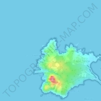 Mapa topográfico Capo Testa, altitud, relieve