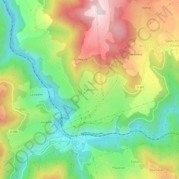 Mapa topográfico Pratclaux, altitud, relieve