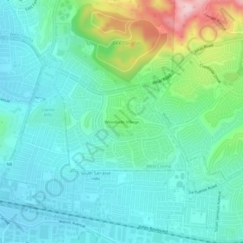 Mapa topográfico Woodside Village, altitud, relieve