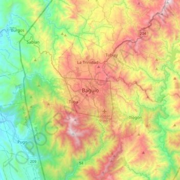 Mapa topográfico Baguio, altitud, relieve