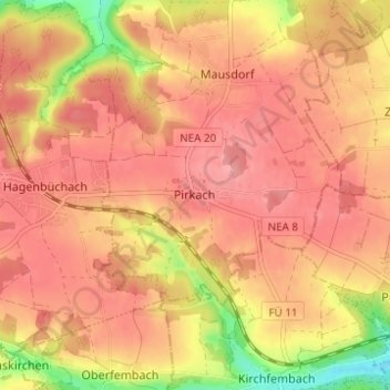 Mapa topográfico Pirkach, altitud, relieve