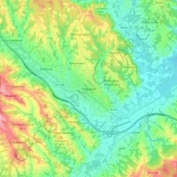 Mapa topográfico Prnjavor, altitud, relieve