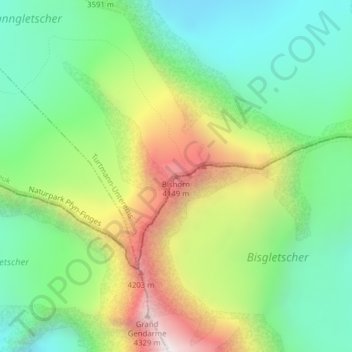 Mapa topográfico Bishorn, altitud, relieve