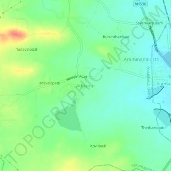 Mapa topográfico Adhanur, altitud, relieve
