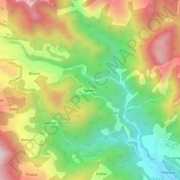 Mapa topográfico Kausani, altitud, relieve
