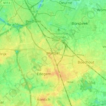 Mapa topográfico Mortsel, altitud, relieve