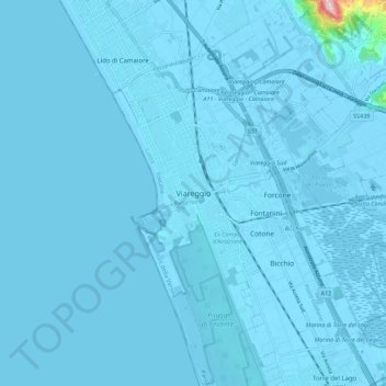 Mapa topográfico Viareggio, altitud, relieve