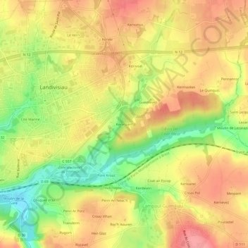 Mapa topográfico Kerarpant, altitud, relieve